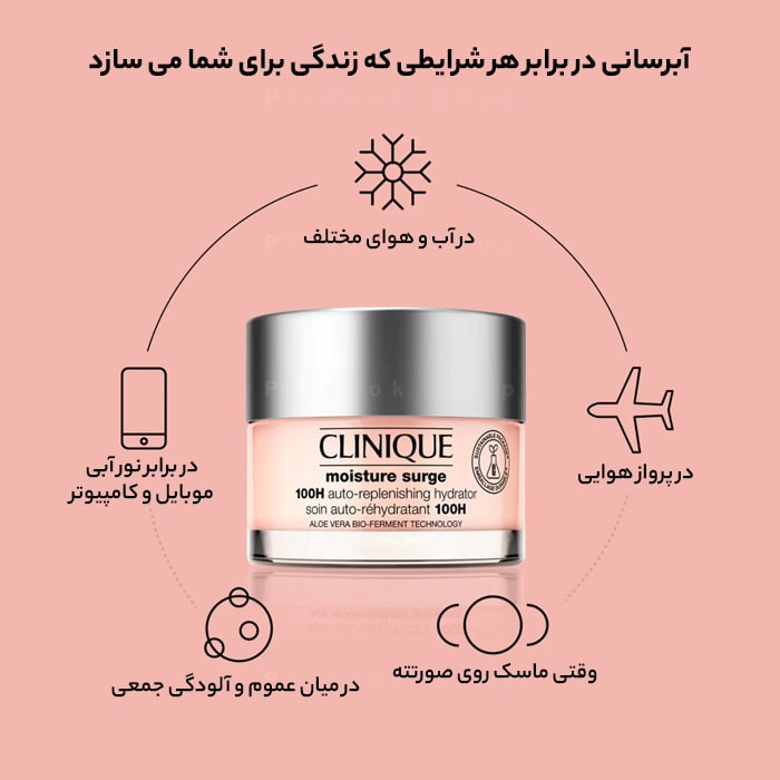 آبرسان ۱۰۰ ساعته مویسچر سرج کلینیک (اصل) مدل clinique moisture surge 100 hour auto-replenishing hydrator در حجم ۱۵ ۳۰ و ۵۰ میل