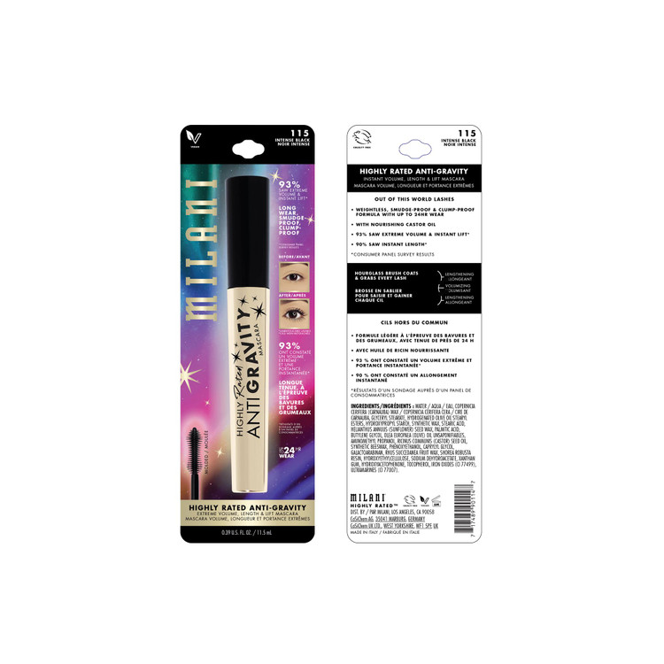 ریمل ضد جاذبه میلانی (اصل) Milani Highly Rated Anti-Gravity BLACK Mascara with Castor Oil and Molded Hourglass Shaped Brush - 1 Pack