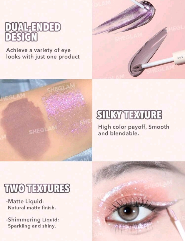 سایه چشم مایع دوطرفه شیگلم رنگ رز SHEGLAM Silk & Sparkle liquid eyeshadow